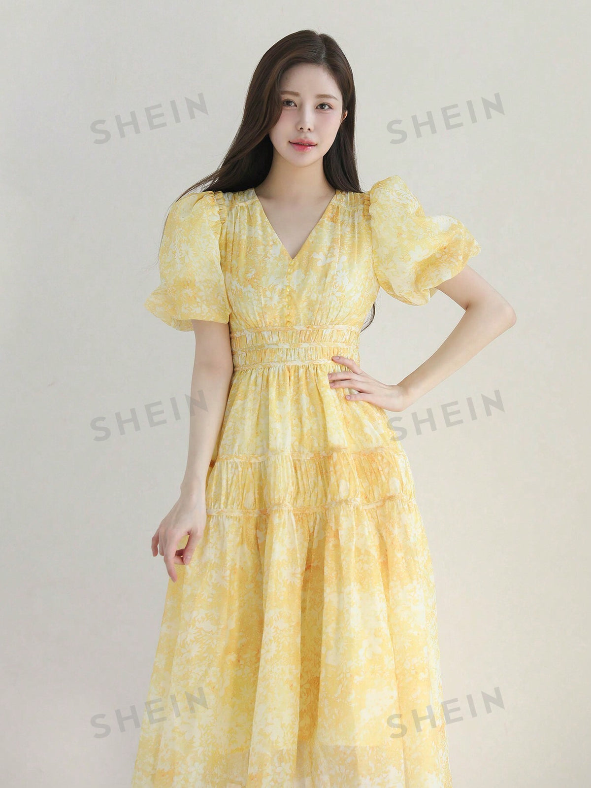 DAZY Allover Print Puff Sleeve Ruffle Hem Dress