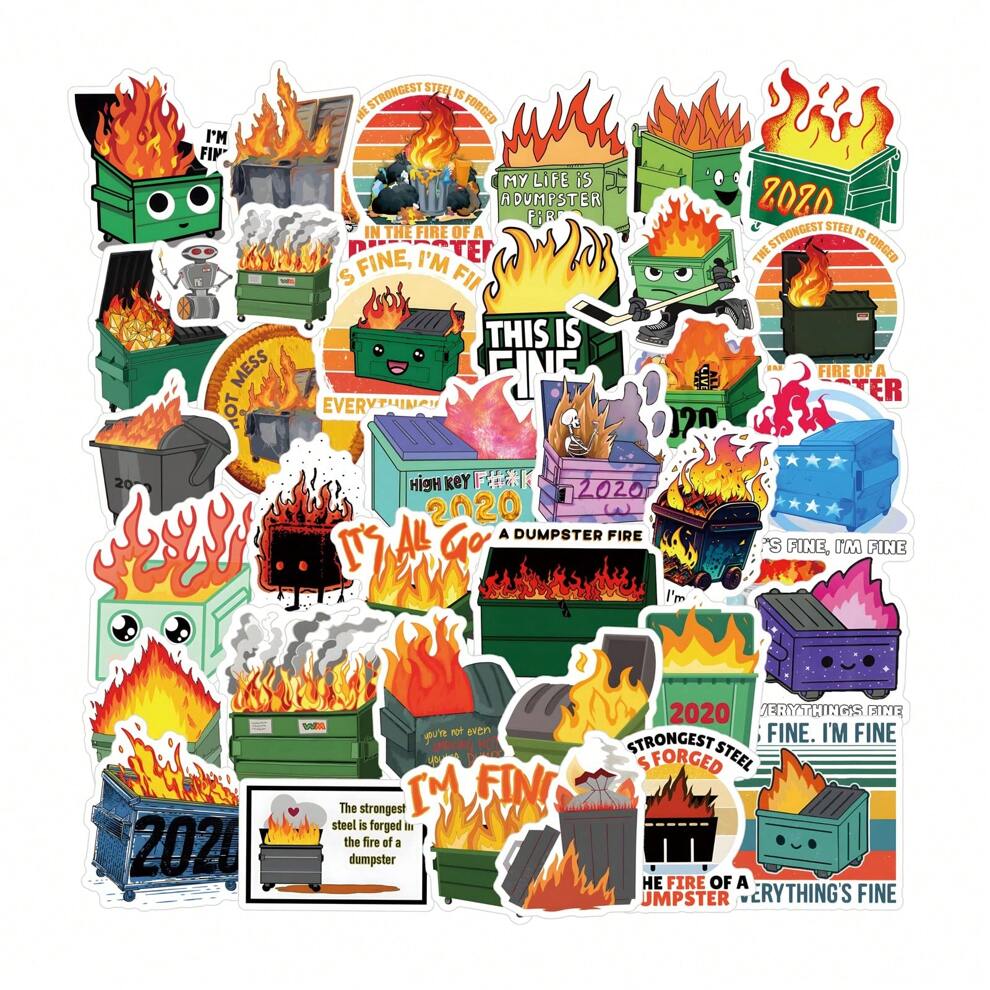 60PCS Dumpster Fire Stickers Dumpster Fire Desk Accessories Dumpster Fire Toy Cartoon Toy Stickers Stickers Bulk Vinyl Waterproof Stickers For Laptop,Bumper,Skateboard,Water Bottles,Computer,Phone