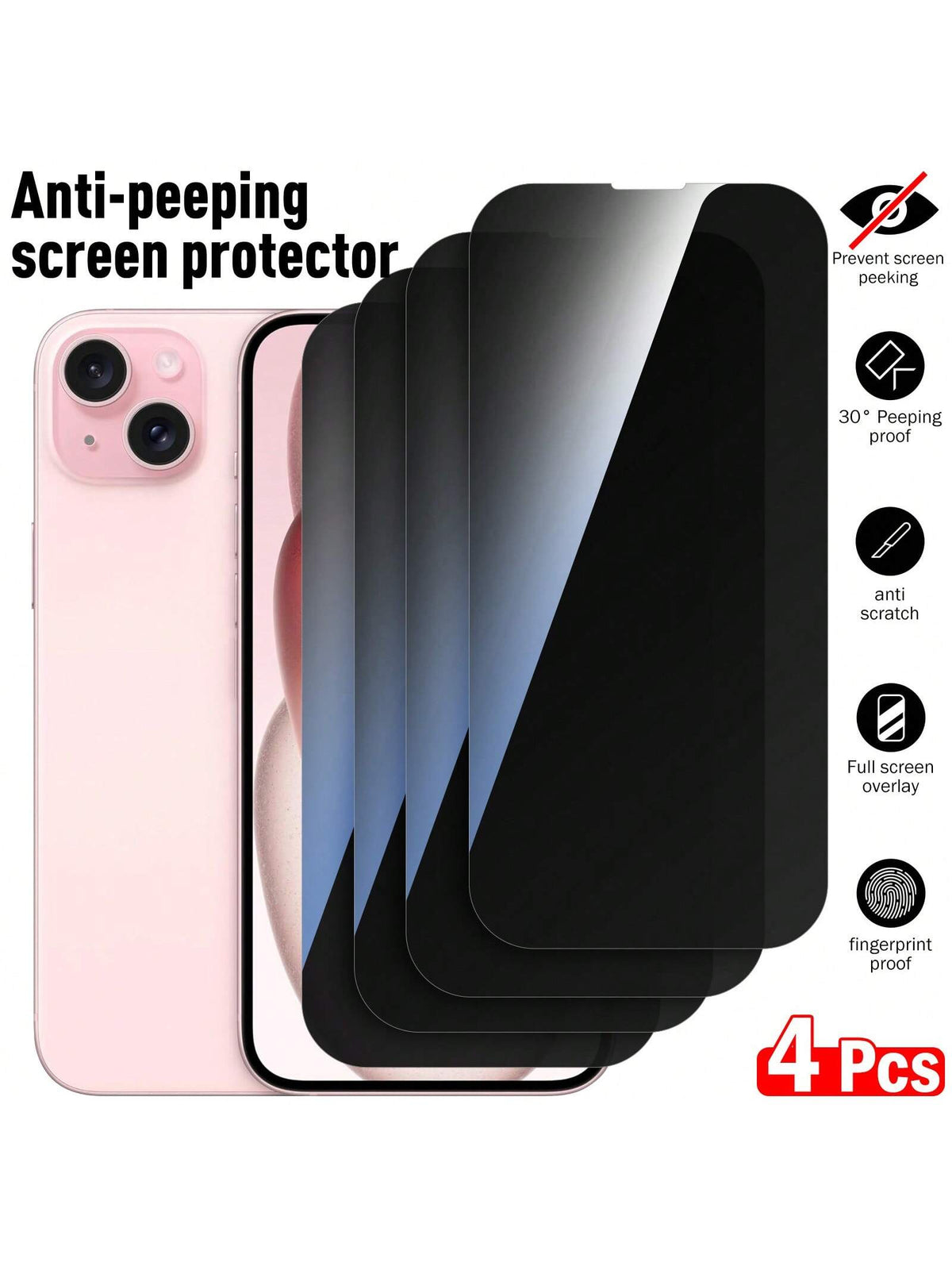 5-In-1 Case Compatible With Iphone With 4 Packs Privacy Screen Protector, Crystal Clear Phone Case Soft TPU Bumper Anti-Scratch Silicone Cover, Anti-Spy Protective Film Compatible With IPhone 15/14/13