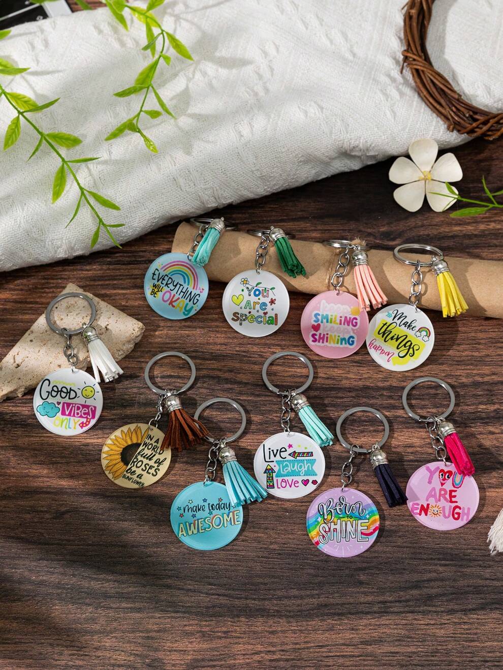 1pc Vacation Style Acrylic Sunshine Rainbow Beach Sunflower Letter Printed Tassel Keychain For Women