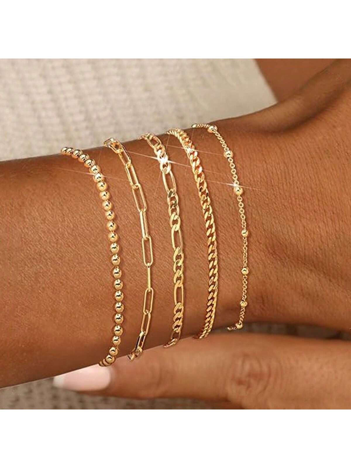 5 Pieces Women's Gold Bracelet, Gold Plated Bracelet Stacking Set Adjustable Stacking Bracelet Paperclip Chain Layered Link Charm Bracelet Gold Jewelry Set Gift For Ladies Girls