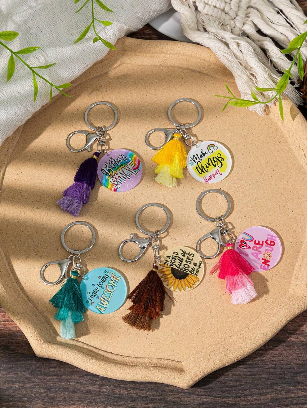 1pc Bohemian Style Acrylic Printed Creative Graffiti Sunflower Rainbow Dopamine Gradient Tassel English Slogan Tag O-Ring Keychain For Women, Lobster Clasp Pendant