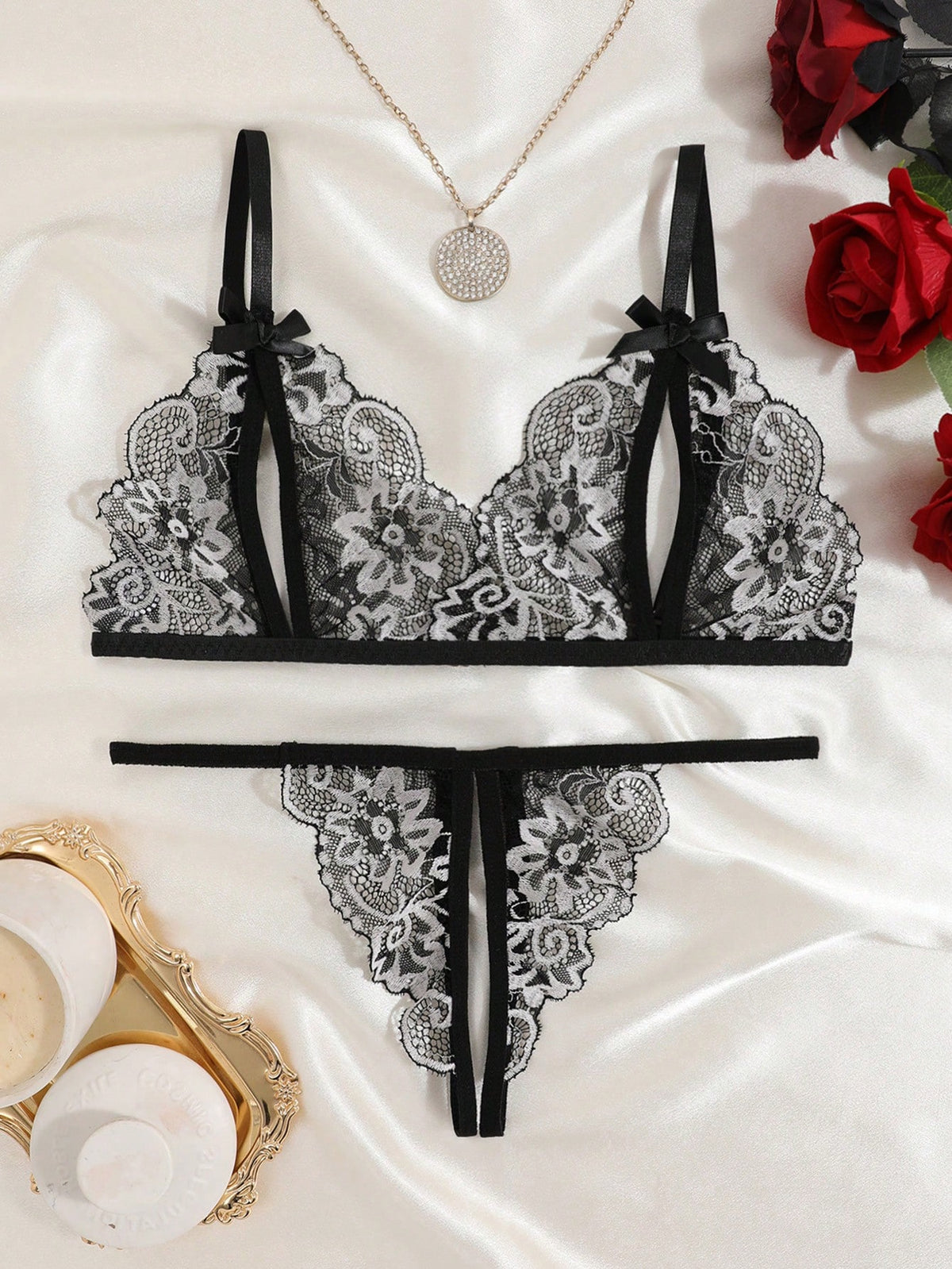 Floral Lace Lingerie Set, Including Cupped Bowknot Bra And Open Crotch Thong, Sexy Underwear And Panties For Women, Erotic Lingerie