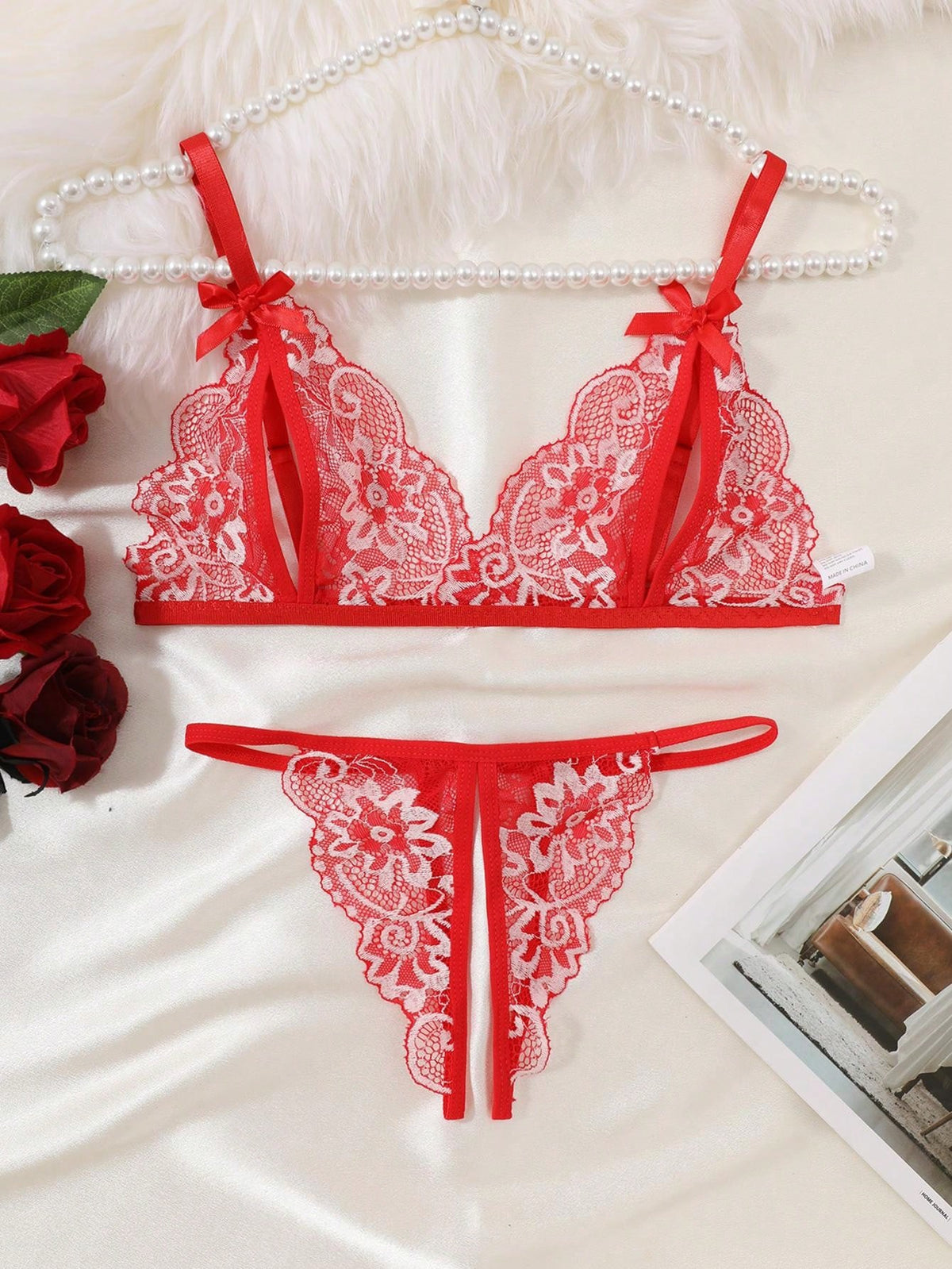 Floral Lace Lingerie Set, Including Cupped Bowknot Bra And Open Crotch Thong, Sexy Underwear And Panties For Women, Erotic Lingerie