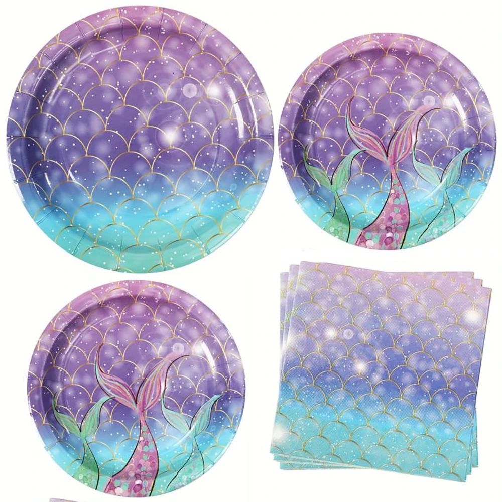 10pcs/20pcs Mermaid Party Supplies Mermaid Paper Plates Napkins Tableware Set Decorations For Mermaid Birthday Party Summer Party Decorations Under The Sea Party Table Decorations Mermaid Tableware Se