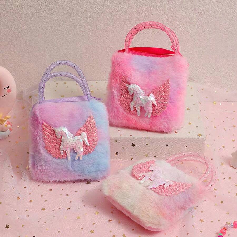 1PC Children's Cartoon Unicorn Shoulder Bag Cute Girl Storage Crossbody Bag For Daily Wear Plush Handbag For Women