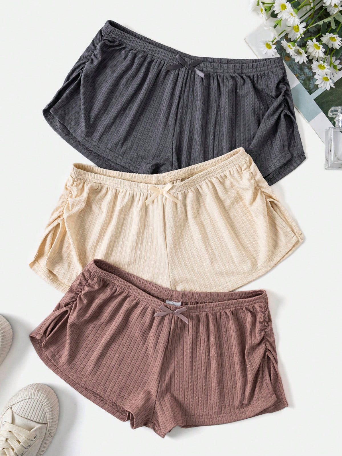 Women's 3pcs Ruched Solid Color Casual Summer Pajama Shorts, Sleepwear Bottom