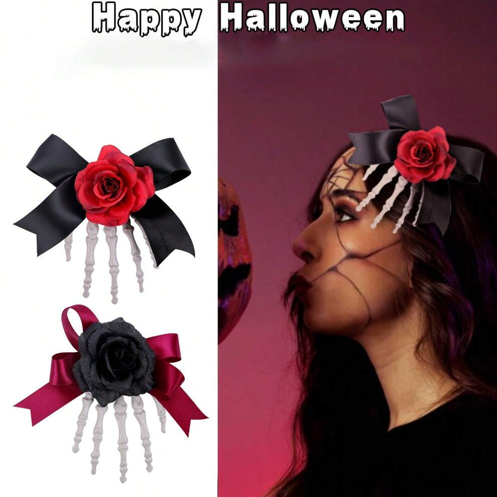 Halloween Skeleton Hand Hair Clip & Eyemask, Horror Rose & Bowknot Hairpin With Ghost Hands On Side, Party Hair Accessory For Festival Party And Photo Prop Decoration