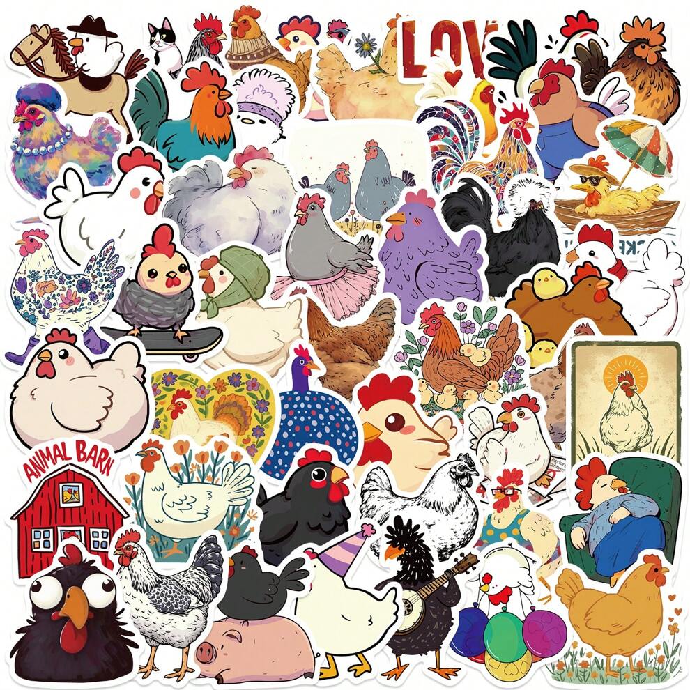 50pcs/Pack Rooster And Hen Waterproof DIY Creative Stickers Toys,Laptop PC Computer Mobile Smartphones Phone Case Guitar Desktop Cup Travel Motorcycles Car Accessories Sticker