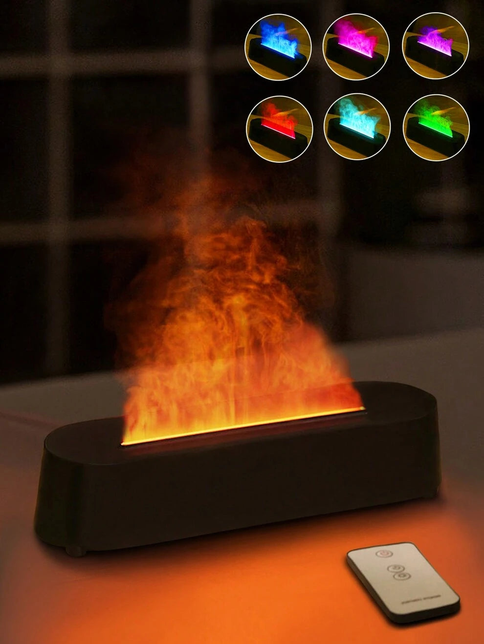 1pc LED 7-Color Flame Diffuser Humidifier, 300ml USB Powered With Remote Control And Timer Function. Auto Shut-Off When Waterless. Suitable For Bedroom, Office, Yoga Room, Etc.