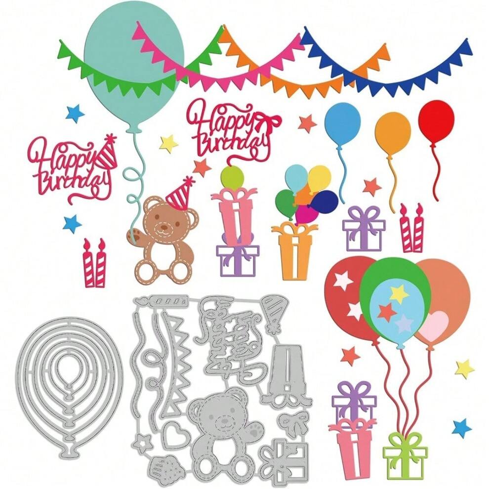 2pcs Balloons Metal Die Cuts Happy Birthday Cutting Die For Card Making Balloons Cake Cutting Metal Balloons Stencils For Scrapbooking Embossing Die Cuts For DIY Album Decorative