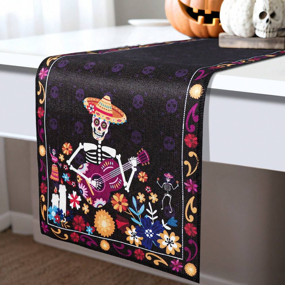 1 Piece Halloween Table Runner, Undead Skeleton Playing Guitar Table Runner 13*72in, Halloween Tablecloth, Halloween Skull Tablecloth, Family Gathering Holiday Decoration, Suitable For Halloween Party