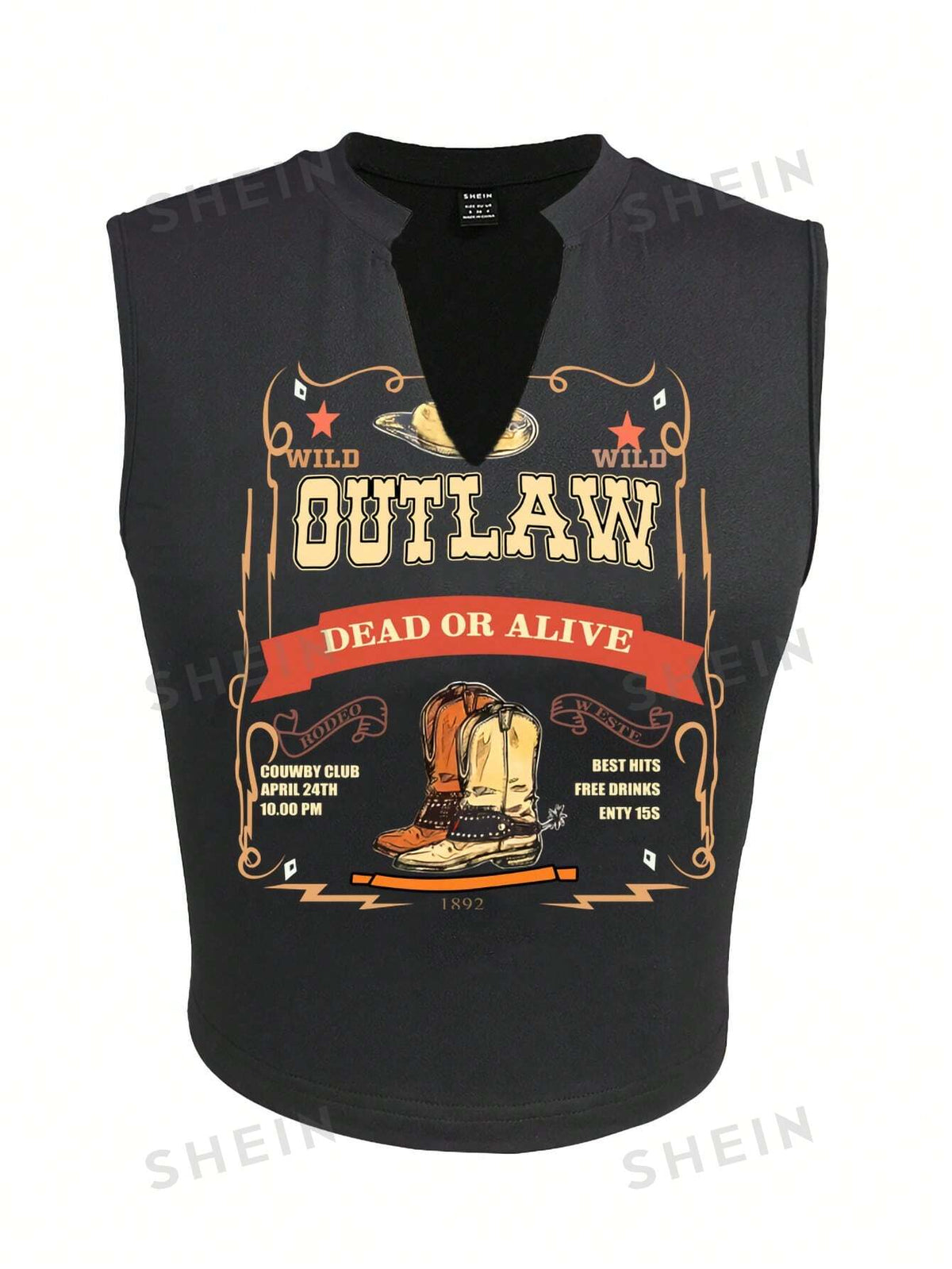 SHEIN EZwear Vintage Western Style Cowgirl Boots Cut Notched V Neck Coffee Women's Tank Top WILD OUTLAW DEAD OR ALIVE