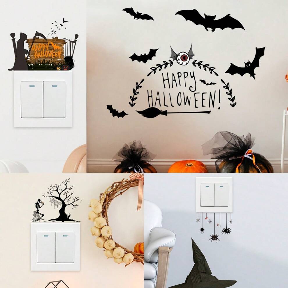 4pcs/Set Halloween Bat Wall Sticker & Outlet Sticker & Item Decoration Sticker, For Festival, Party, Home Decor, Bedroom Background, Windows, Doors, Decorative Wall Sticker And Item Decoration Sticker