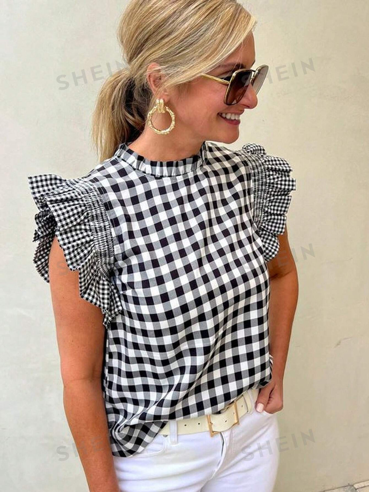 SHEIN Essnce Casual Women's Plaid Printed Ruffle Hem Summer Shirt Back To School Clothes Teacher Clothes Blouse Black Shirt Going Out Tops Summer Women Tops Plaid Shirt Business Casual Women Blouse