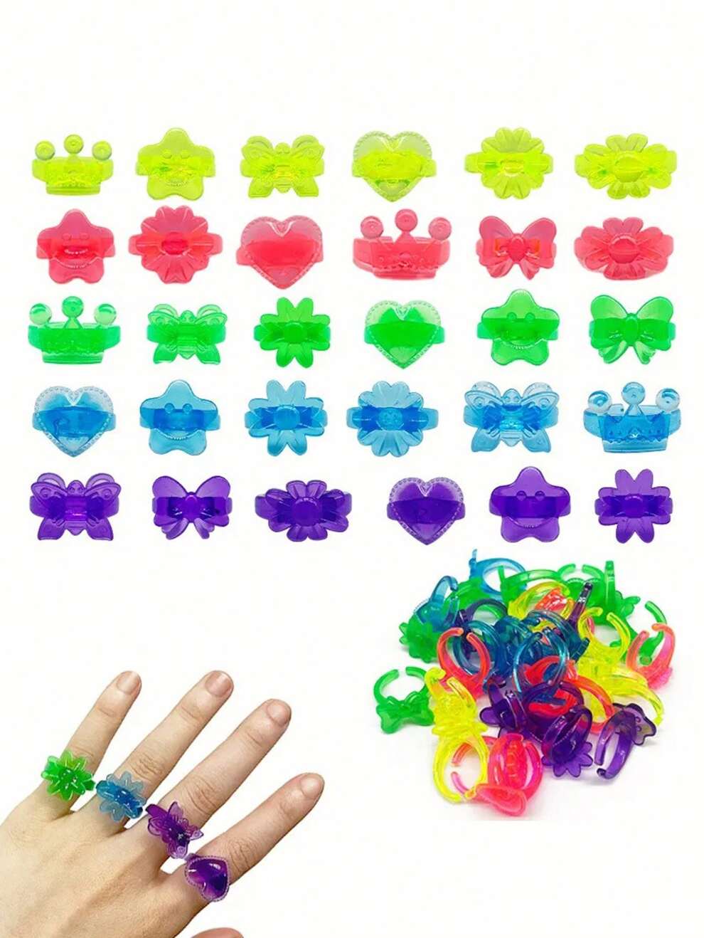 Colourful Assortment Of Plastic Rings | Random Colours (Heart, Bear, Star, Hand And Flower) | Can Be Used As Party Favours, Cake Toppers, Gift Bags, Piñatas, Artwork, Crafts And More.