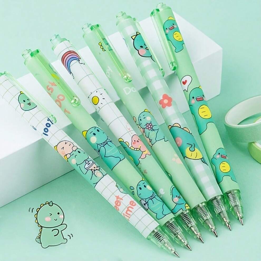 6pcs/Set High-Value Matcha Green Press Cute Little Dinosaur Gel Pen 0.5 Bullet Black Carbon Student Brush Question Pen