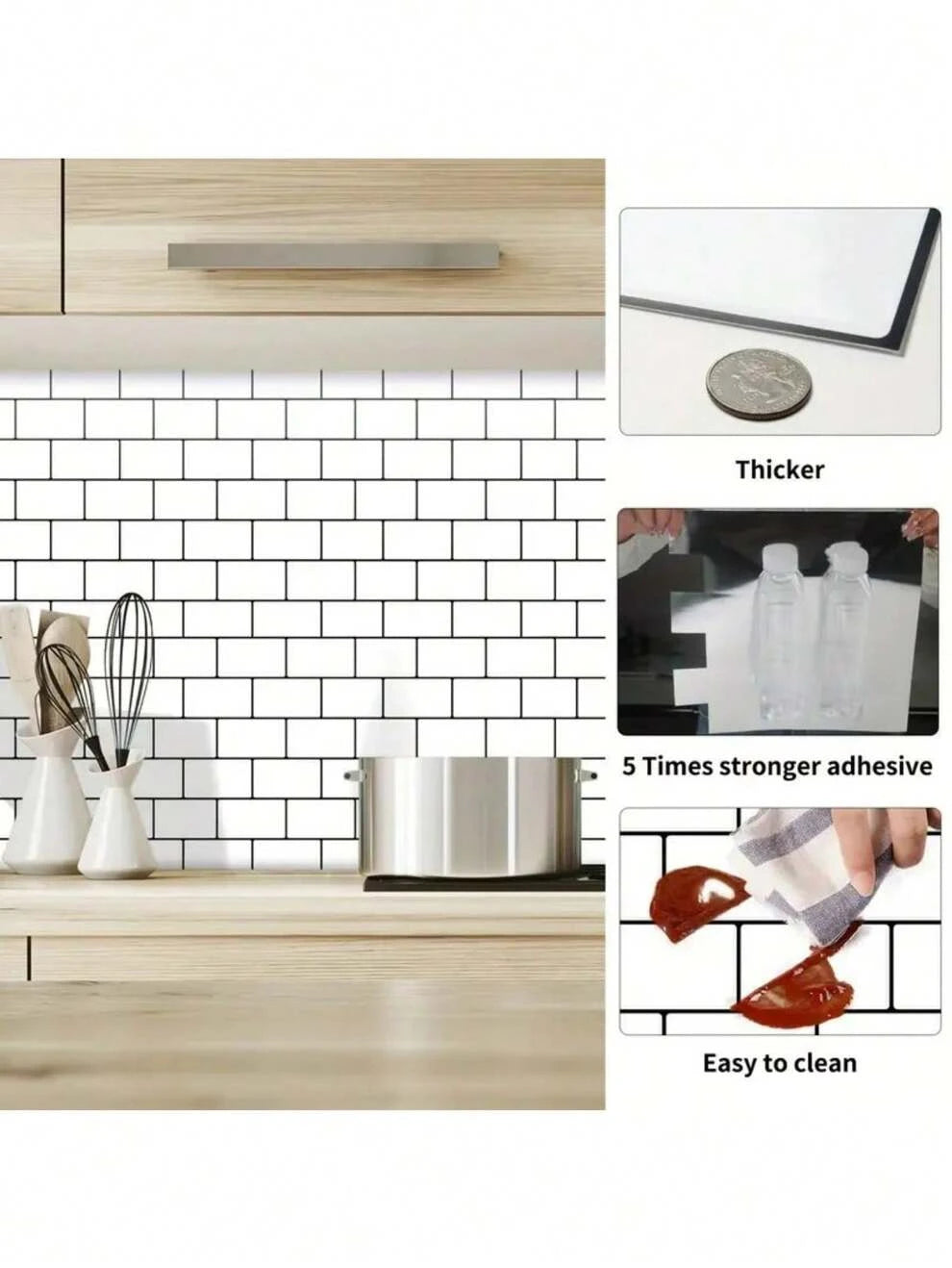 1/2/3/5/10pcs White 3D Long Strip Ceramic Tile Self-Adhesive Wall Stickers, Peel And Stick, Waterproof Living Room Kitchen Backsplash Bathroom Home Wall Stickers