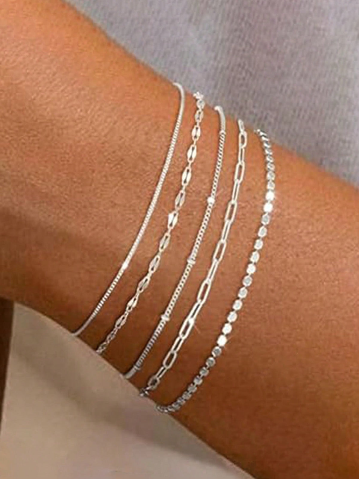 5pcs Delicate Silver-Plated Stackable Women's Fashionable Bracelets, Minimalistic Cute Jewelry