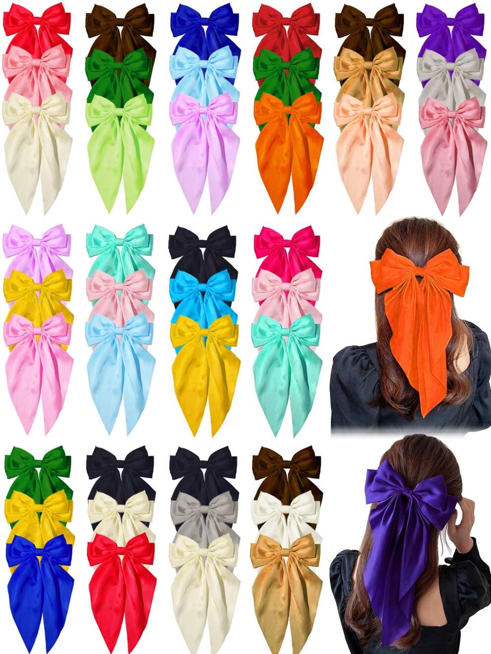 6 PCS Hair Bows For Women Big Bow Hair Clips Silky Satin Hair Bows Clips Oversized Long Tail, Large Hair Barrettes Cute Aesthetic Hair Accessories, Metal Bow Hair Clips Neutral Color