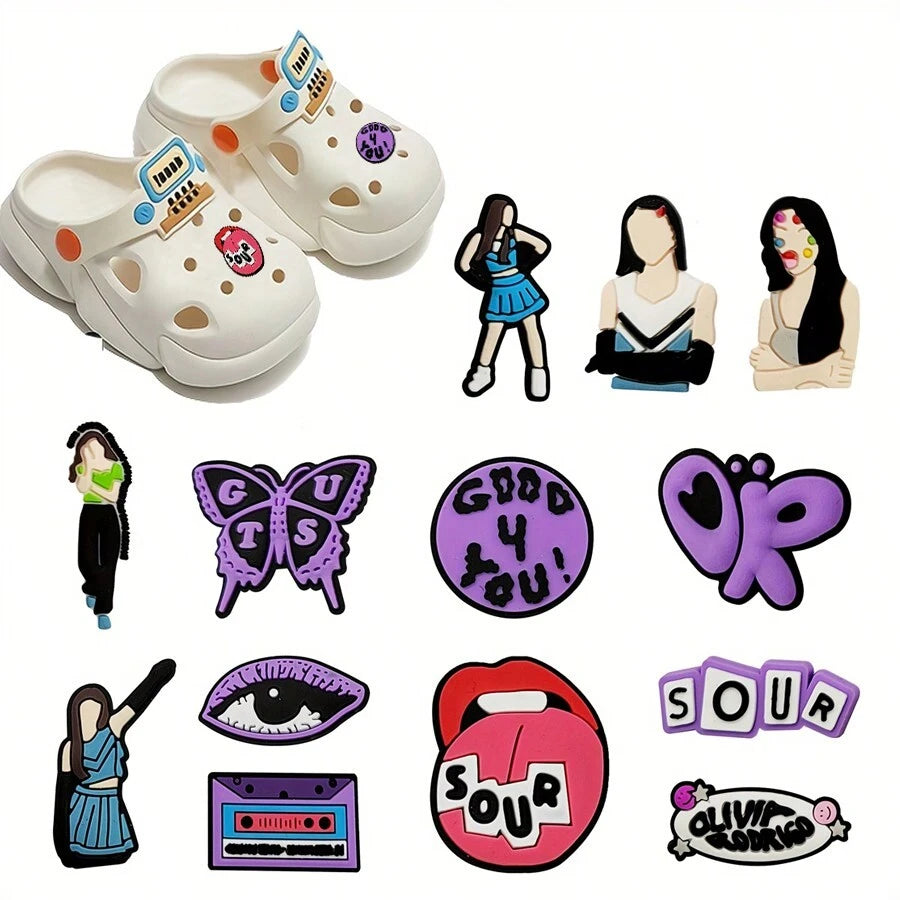 13pcs Singer Shoe Charms Butterfly Hip-Hop-Girl Shoe Decoration For Clogs Bubble Slides Sandals, PVC Shoe Accessories