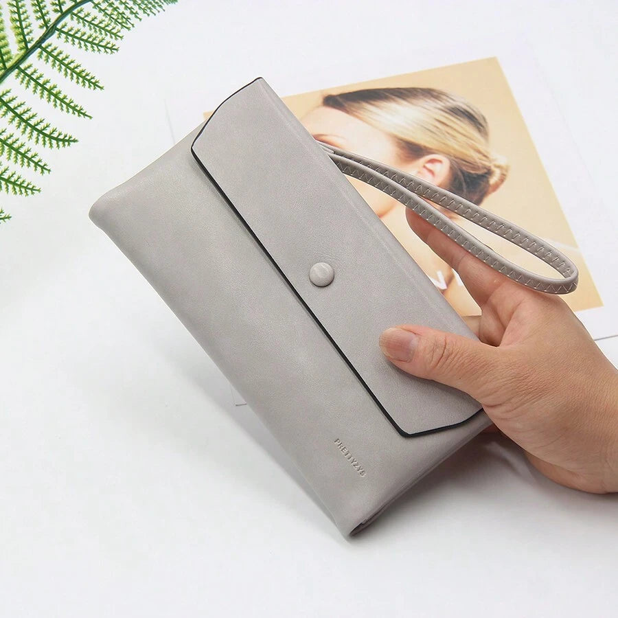 A Gray Portable Oil Wax Leather Long Wallet Europe And The United States Retro New Women's Wallet Ins Niche College Style Daily Travel Convenient Wrist Portable Multi-Function Folding PU Daily Storage