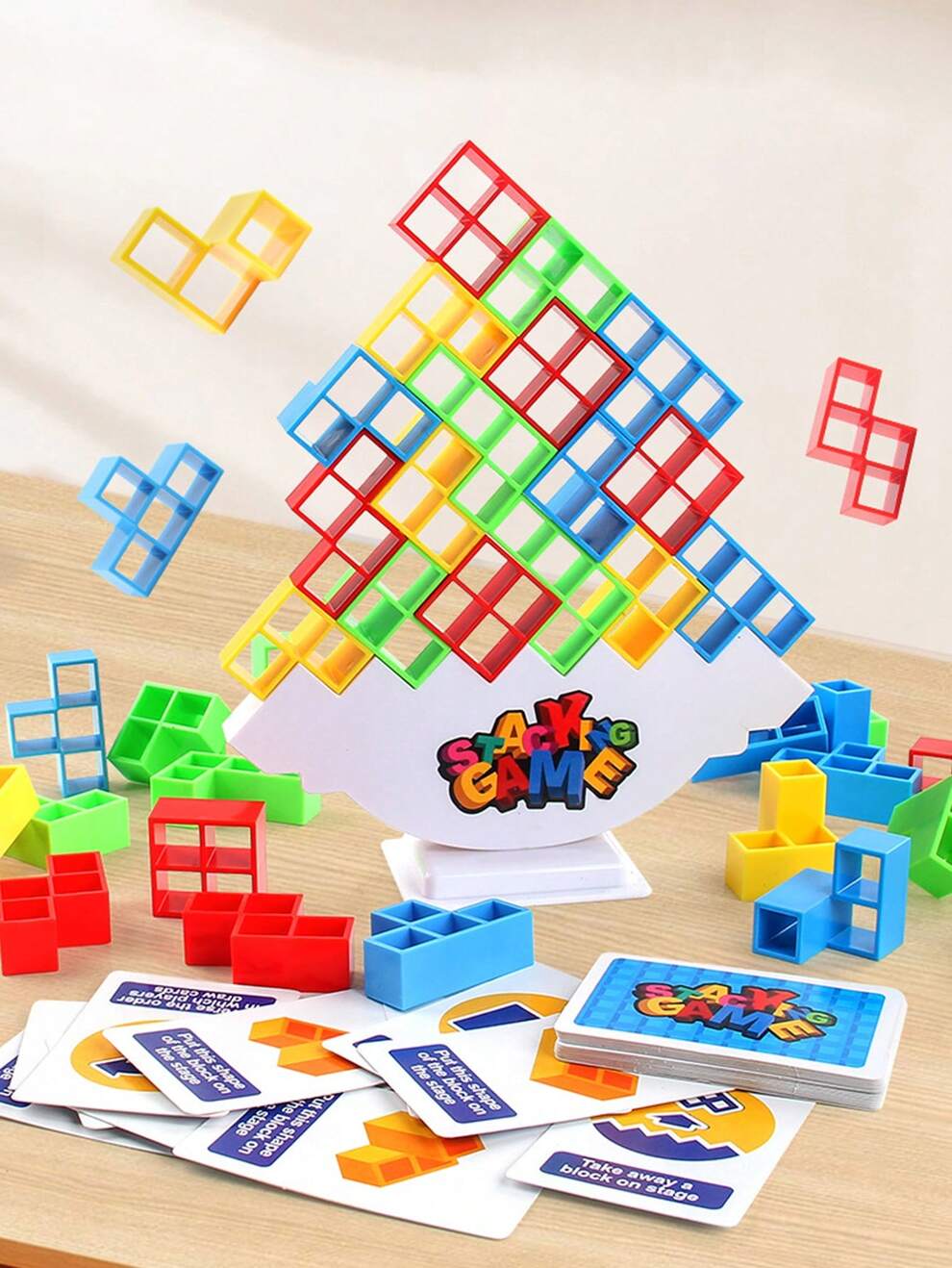 16pcs/Set Building Blocks Camping Party Theme Card Toy, Stress Relieving Stacking & Swinging Wooden Block Desktop Interactive Puzzle Game, Improves Logic, Balance And Intelligence | Color & Style Rand