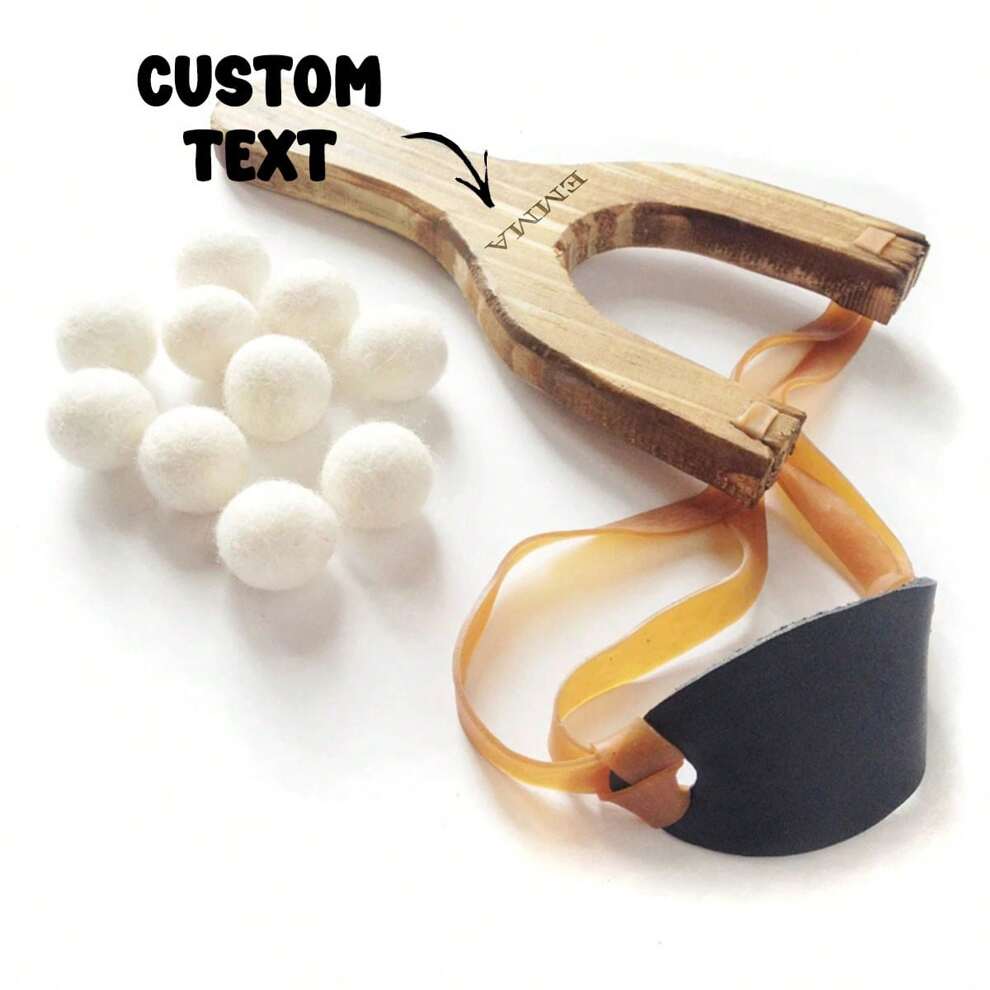 Custom Name Wooden Slingshot, Unique Outdoor Toy For Nature Lovers, With Woolen Ball Ammo. Ideal For Christmas Or Birthday Gifts (Random Color Woolen Ball Included)