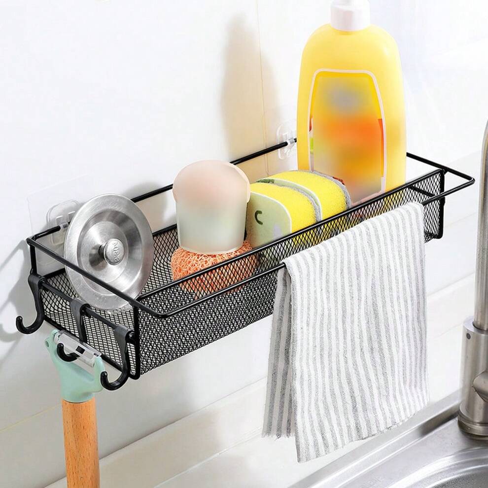 1pc Sink Organizer Drying Rack With Hooks And Towel Bar, Rag Drain Rack, Hanging Sponge Cleaning Tool & Cleaning Supplies Holder, Wall-Mounted Storage Rack For Bathroom Kitchen, Space Saving Organizer