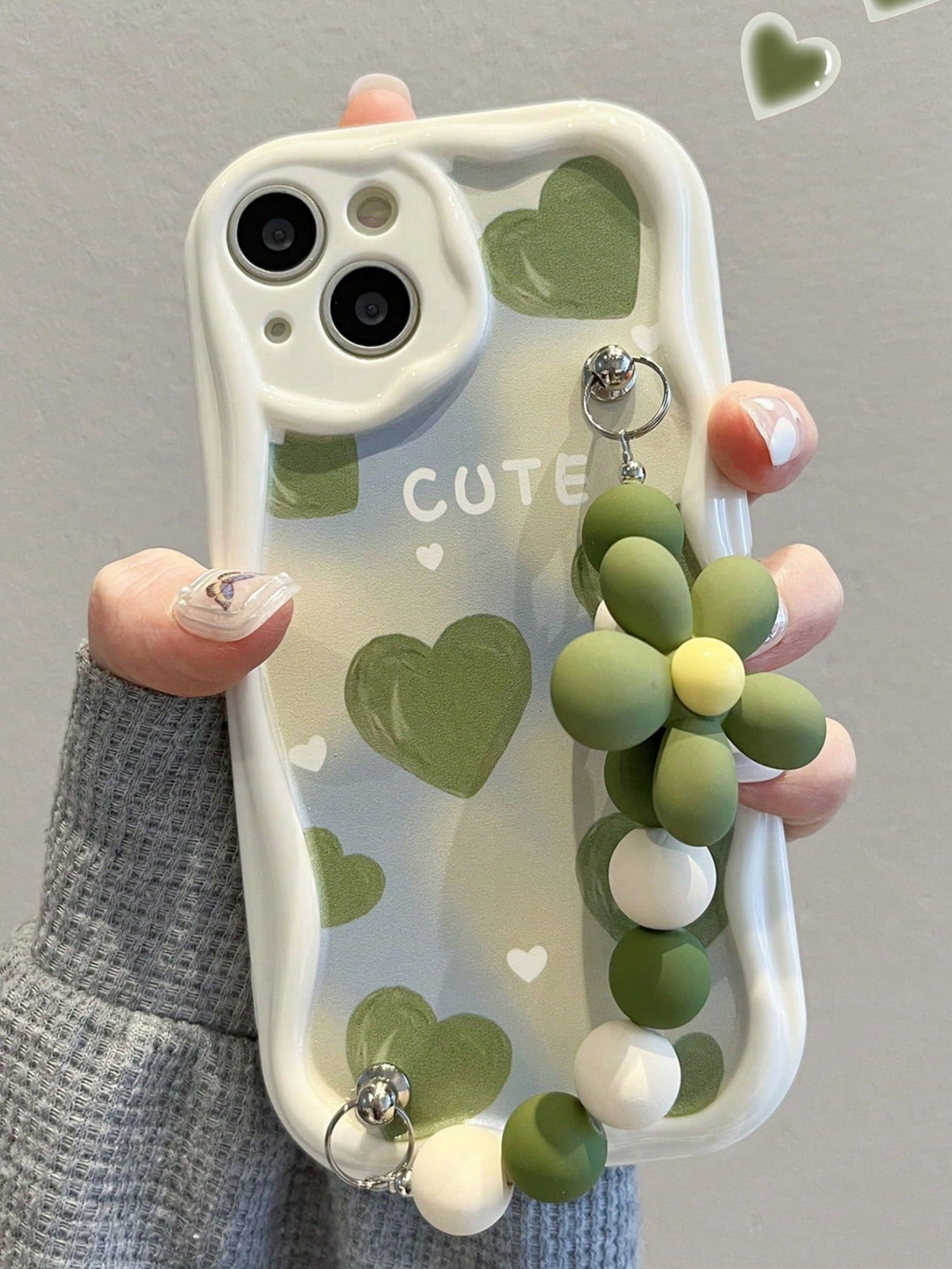 1PC Cute Green Heart Bead Strap Nature Cream Phone Case Compatible With IPhone 15 14 13 12 11 Pro Max Plus X XS XR Soft Silicone Back Cover