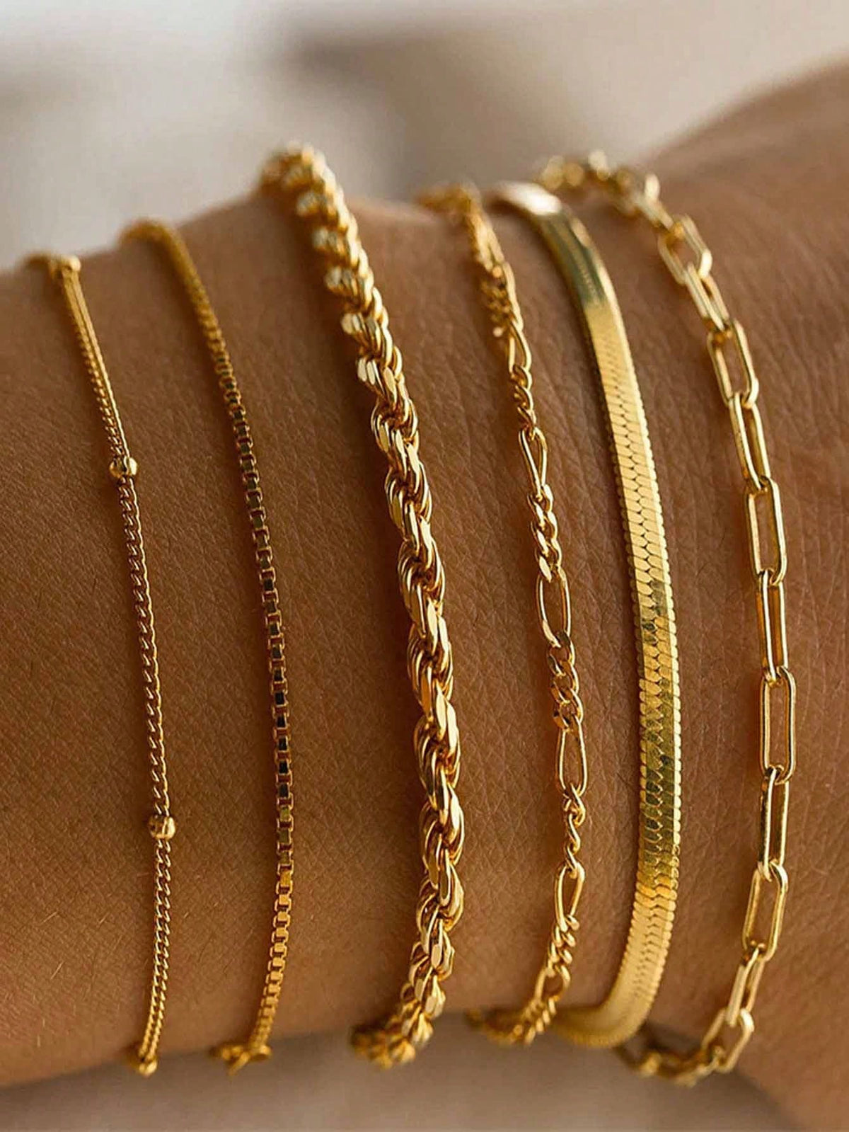 6pcs/Set Boho Retro Tiny Twist  Chain Bracelet For Women ,Adjustable About 7.1"+2" Trendy Thin Dainty Stackable Link Paperclip Chain Bracelet Pack Fashion Accessories Gifts For Women Girls