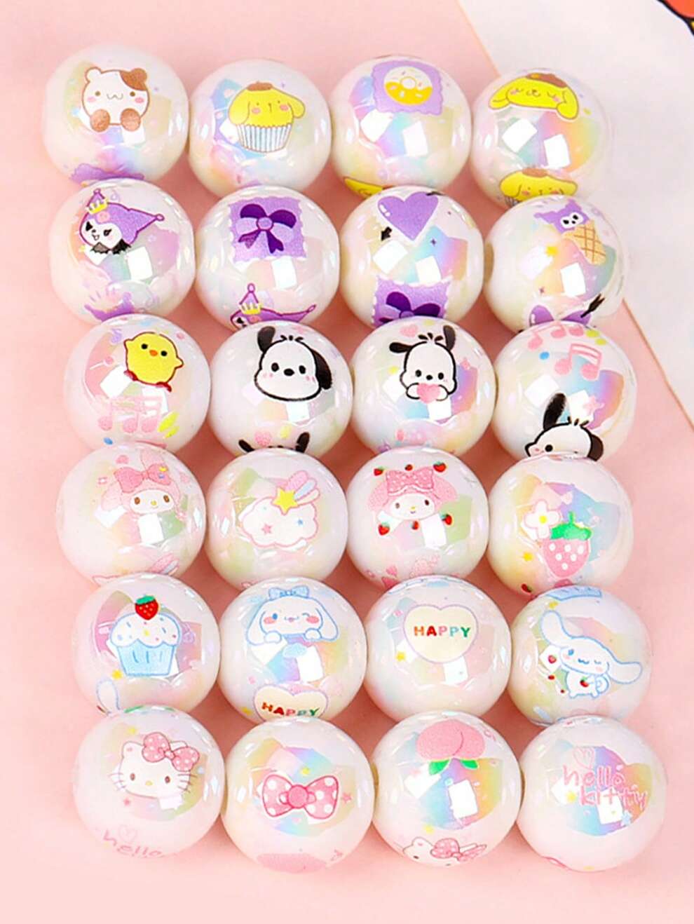 5Pcs/Set Hello Pom Pom Purin 15mm Beads 6 Colors Kitty Cat Round Beads For DIY Bracelet Necklace Earring & DIY Crafts Jewelry Making (Some Parts May Be Random)