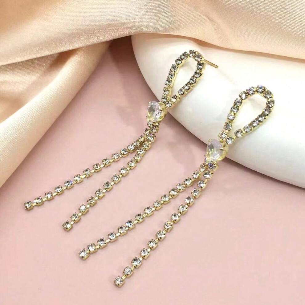 1pair Minimalist Long Diamond Chain Tassel Ear Threader Earrings With Waterdrop Cubic Zirconia For Women, Luxurious And Shiny, Unique And Fashionable Bling-Bling Ear Pendants, Suitable For Daily Wear,