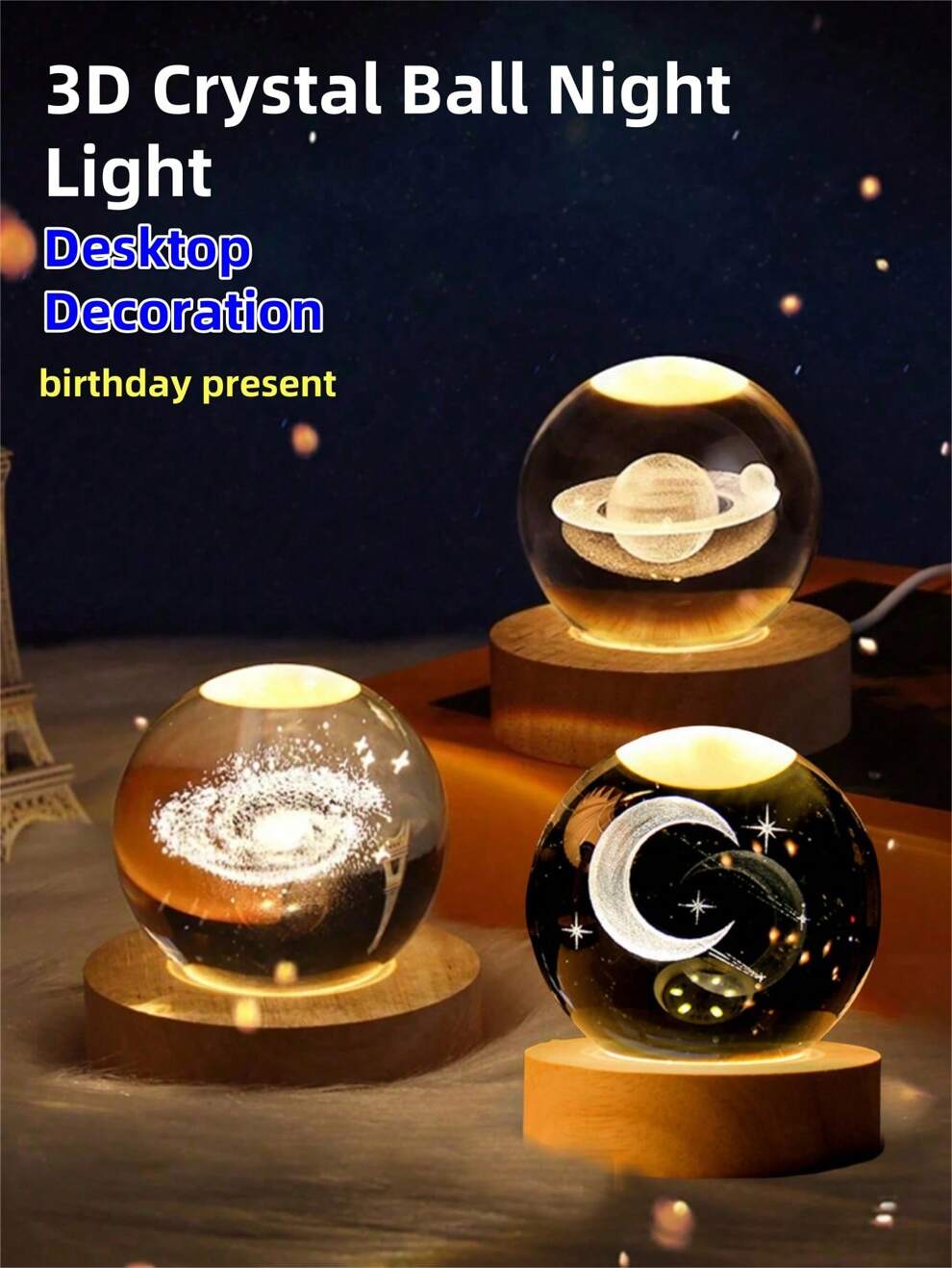 1pc 3d Crystal Ball Night Light Series - Galaxy, Moon, Solar System, Saturn - Tabletop Decor With Led, Creative Valentine's Day, Birthday Gift Lamp USB Plug-In