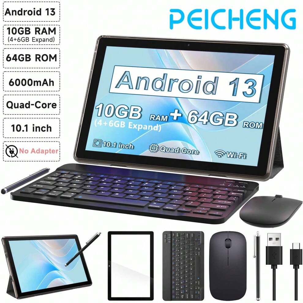 PEICHENG YQ10S Max Android 13 Tablet,RK3562 4-Core 2.0Ghz 12GB (6GB+6GB Expansion)RAM, 128GB ROM,512GB Expand,1280x800 IPS Screen,6000mAh,2.4G/5G WiFi,Type-C,2.0MP/5.0MP Dual Camera,Android 13 Tablet