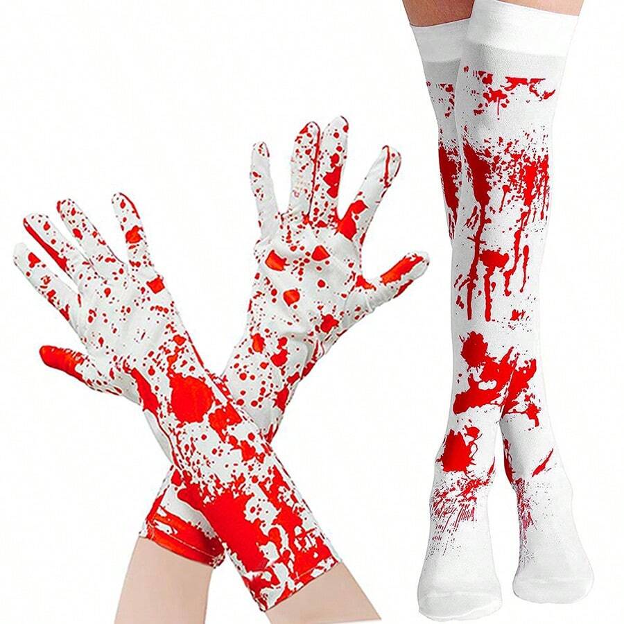 2pcs Halloween Atmosphere Decoration Set - Gloves, Socks, Apron, Prank Party Print Decor Props