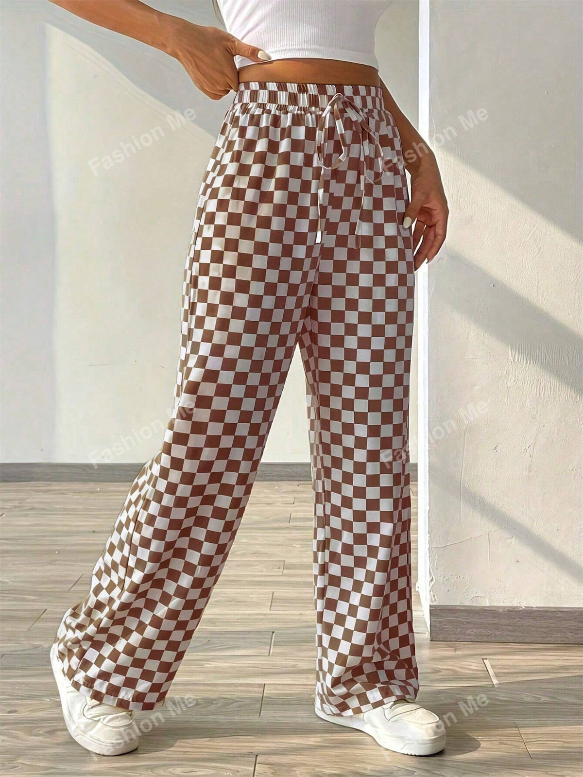 Checker Print Straight Leg Pants