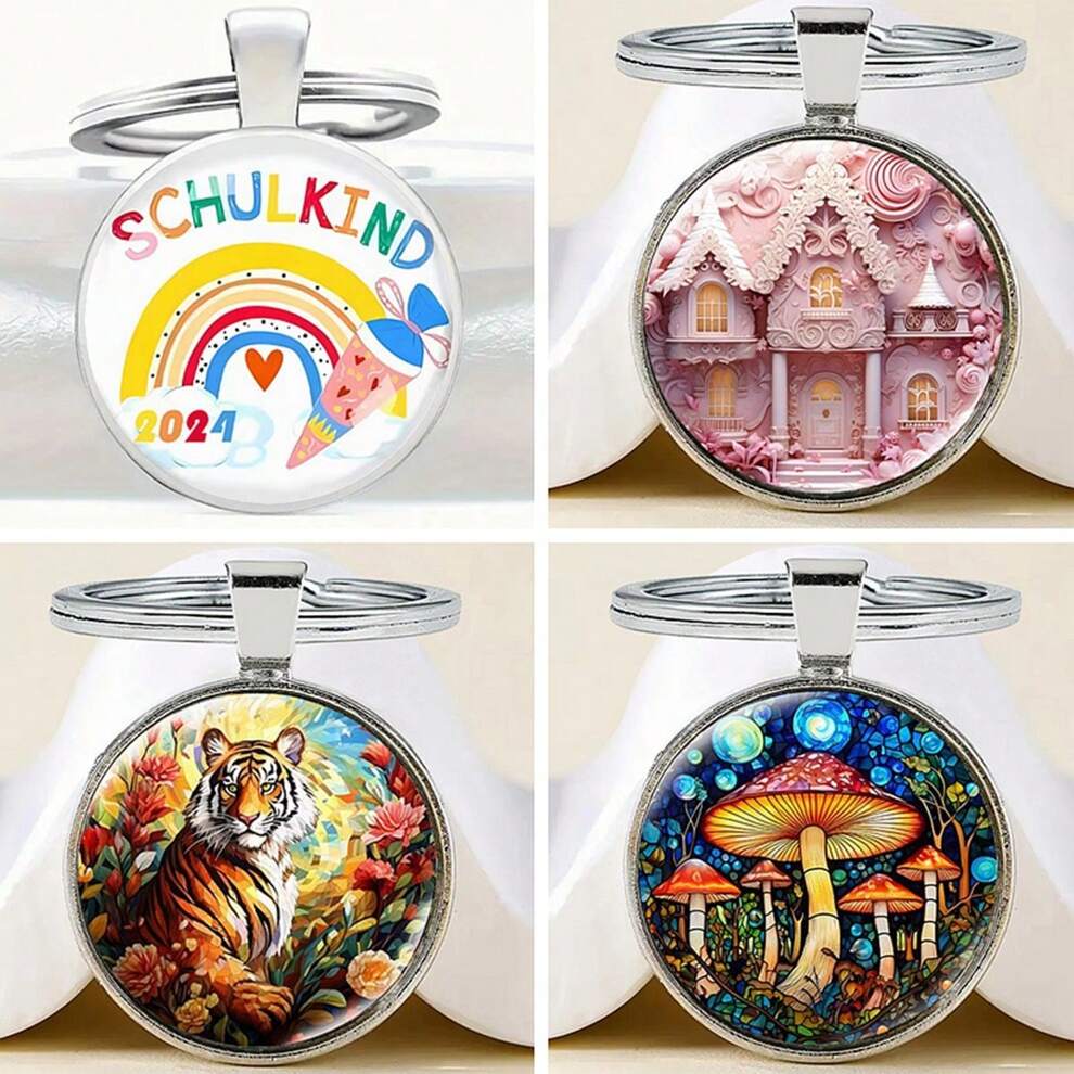 1pc Cartoon Night Lighted Glass & Metal Keychain With Time Gem, House, Mushroom, Tiger, Rainbow Pendant Key Ring Decoration