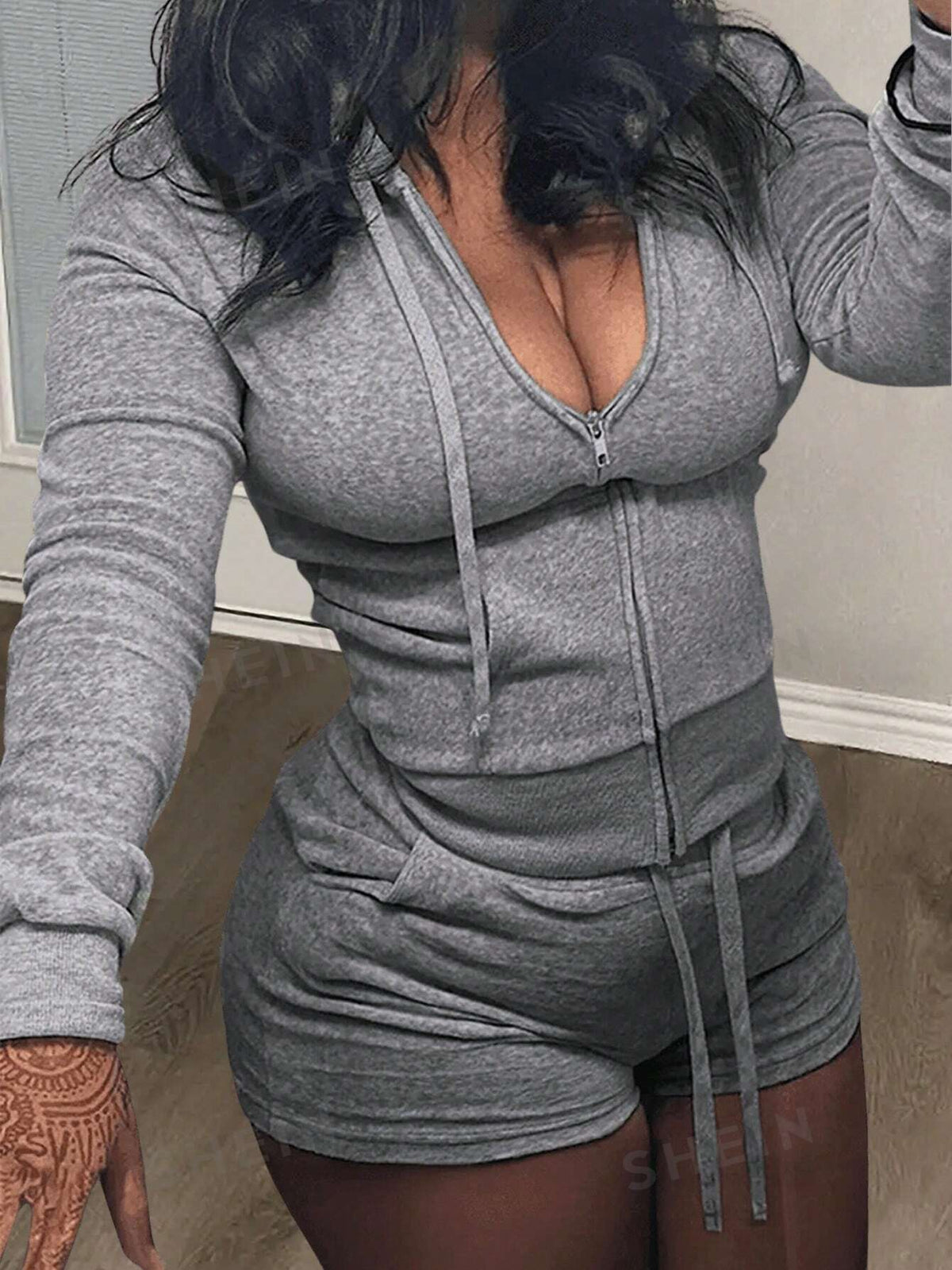 SHEIN Slayr Casual Street Style Gray Hooded Crop Top & Tight Shorts Two-Piece Set With Front Zipper - Z