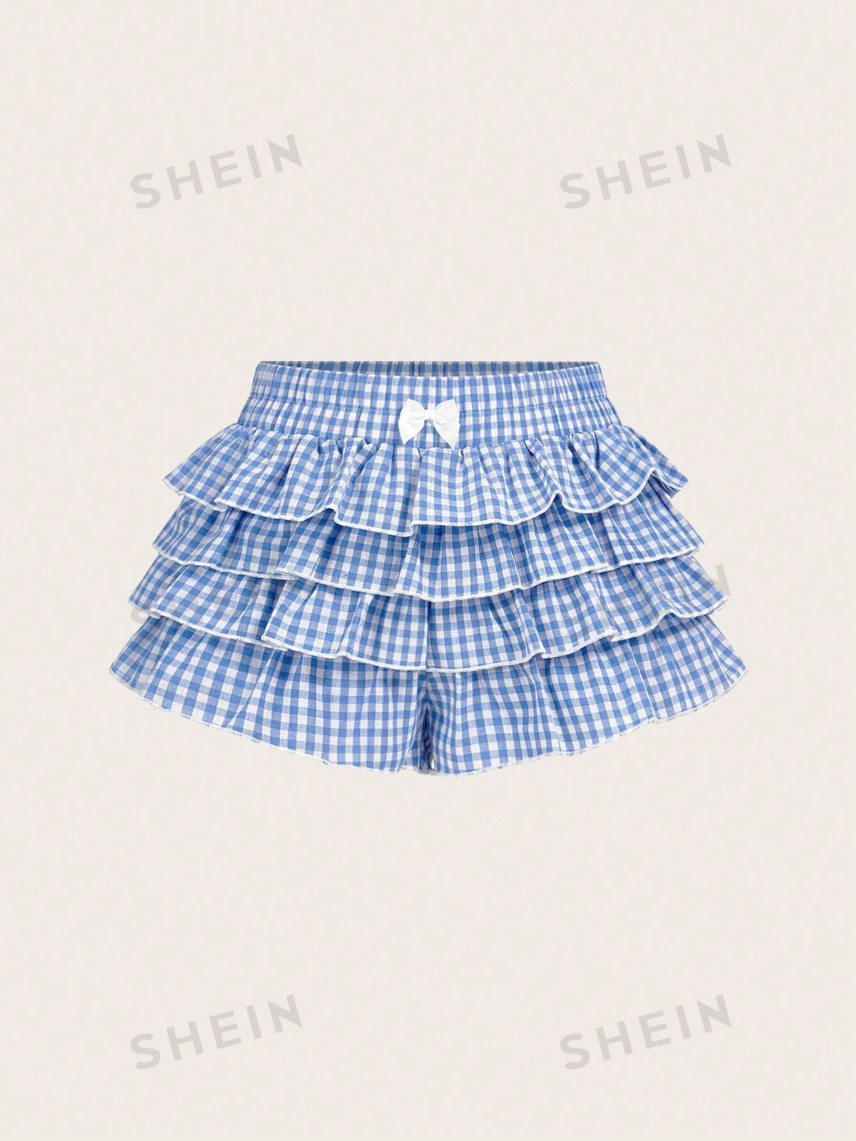 SHEIN MOD Casual Low-Waist Plaid Bodycon Ruffled Women's Ultra-Short Shorts Back To School Clothes Women Blue And White Boxer Shorts Simple Daily