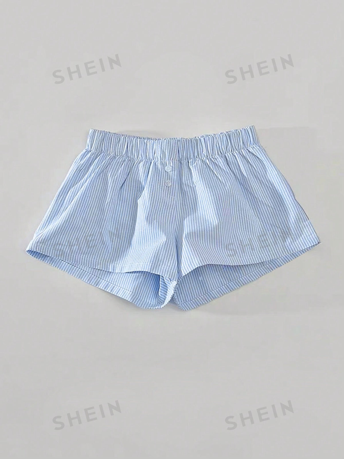 SHEIN BASICS Casual Light Blue Woven Boxer Pants With White Stripes, Loose Fit, Low Waist For Women