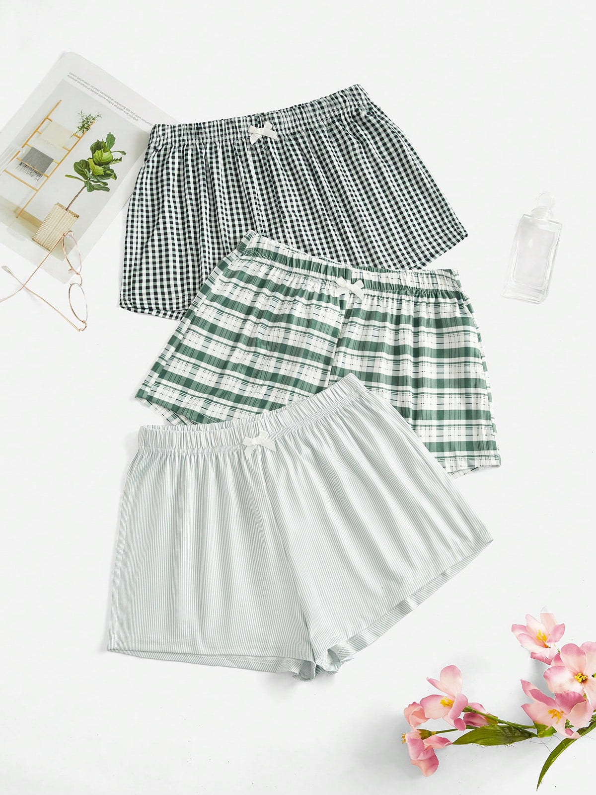 3pcs Women's Plaid Combo Sleepwear Pajama Shorts