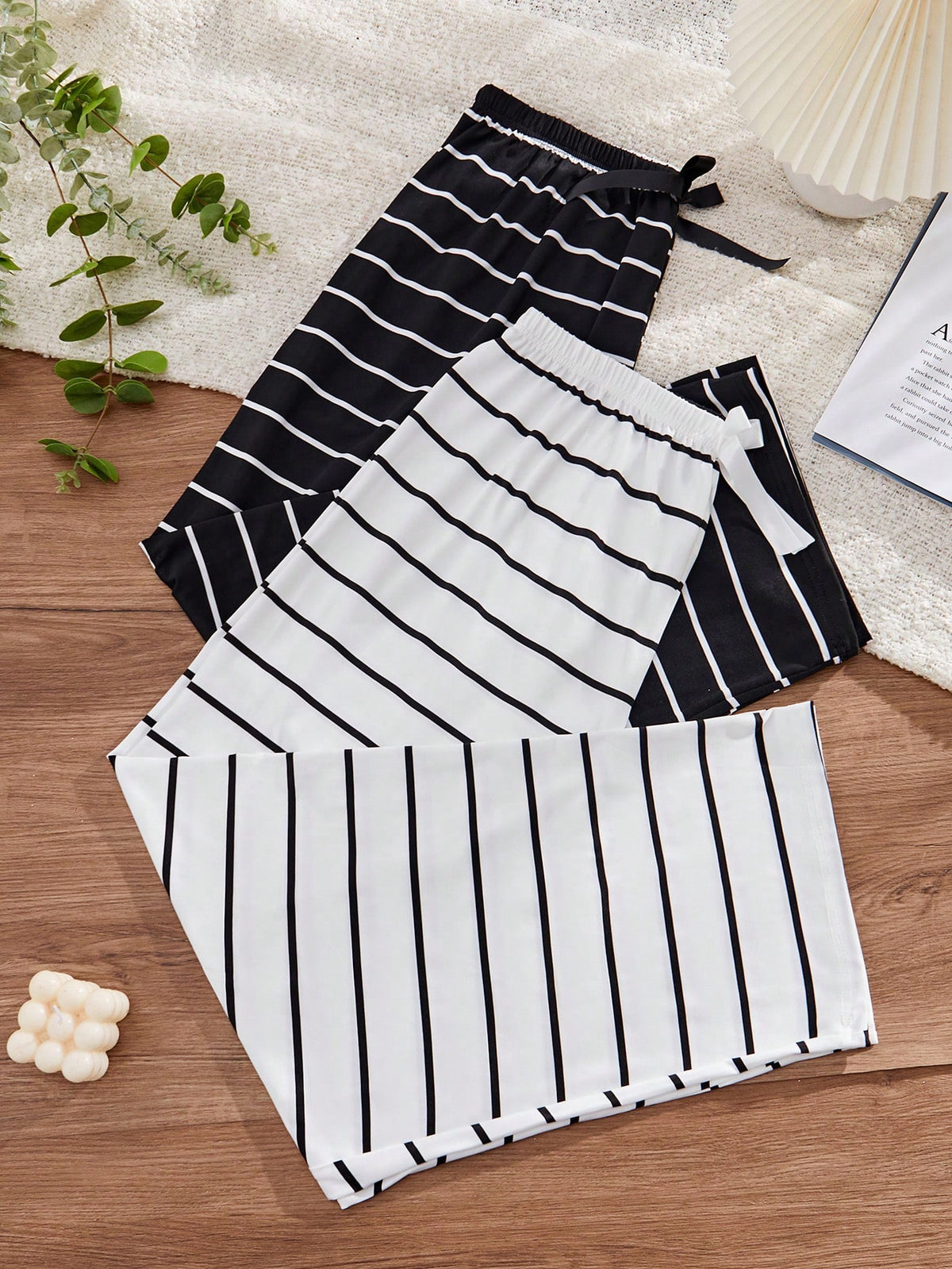 2pcs Plus Size Women's Striped Waist Tie Casual Pajama Pants