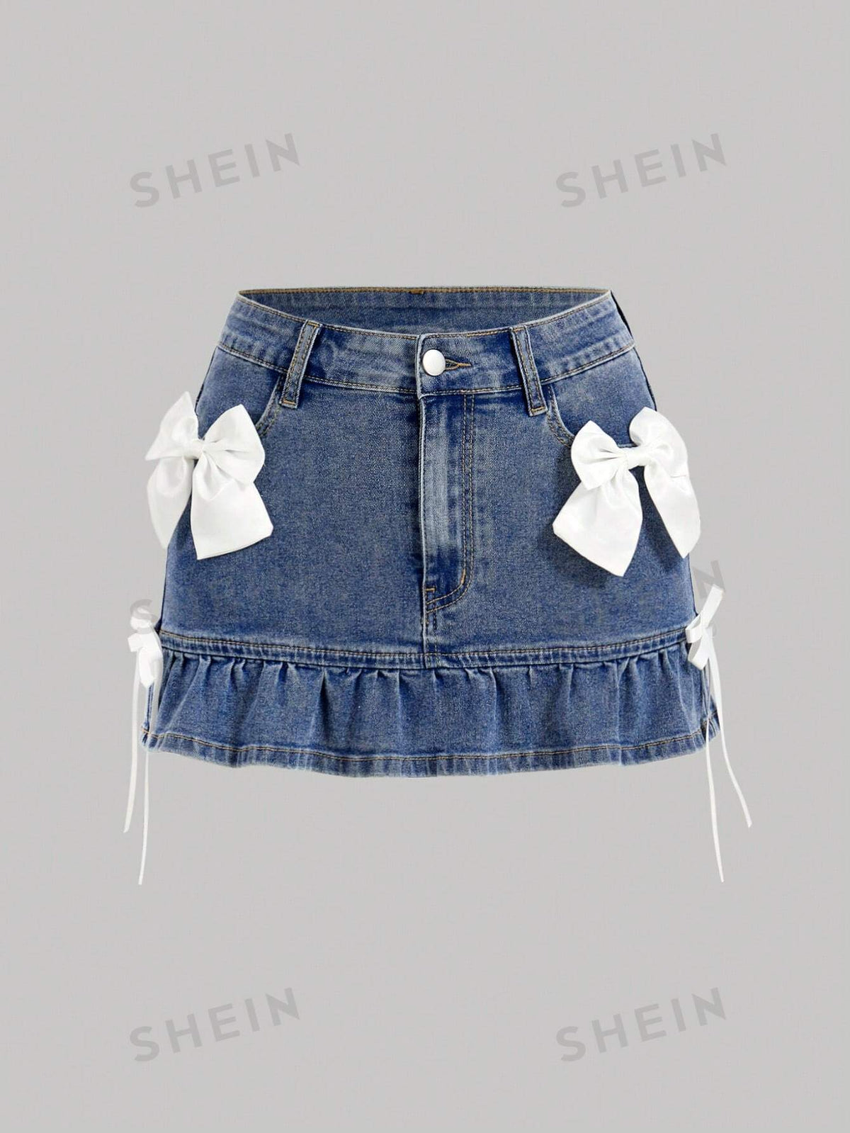 SHEIN MOD Women's Solid Color Simple Daily Denim Skirt With Bow Decor