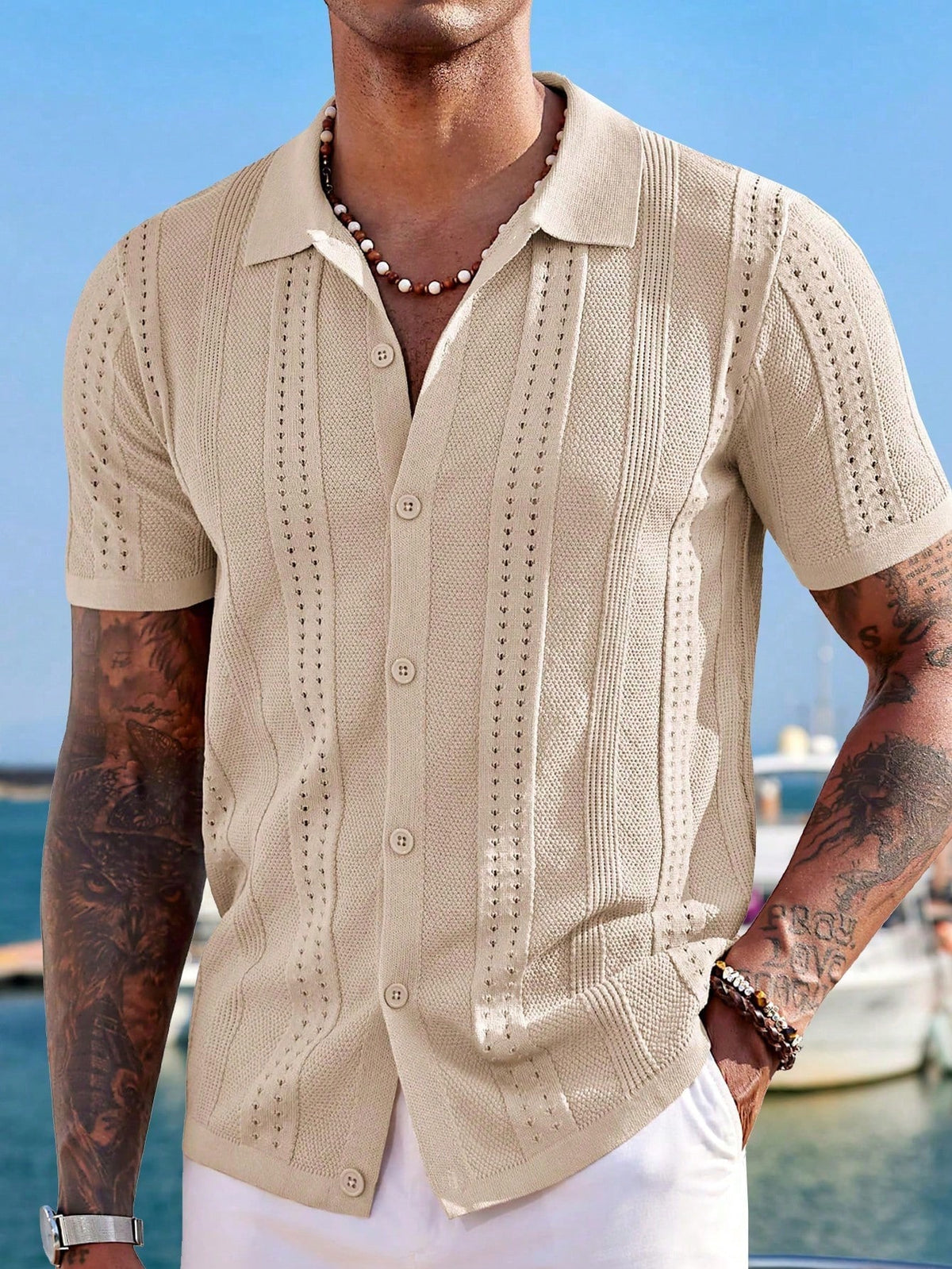 Solid Color Men's Knitted Short-Sleeved Top With Front Button