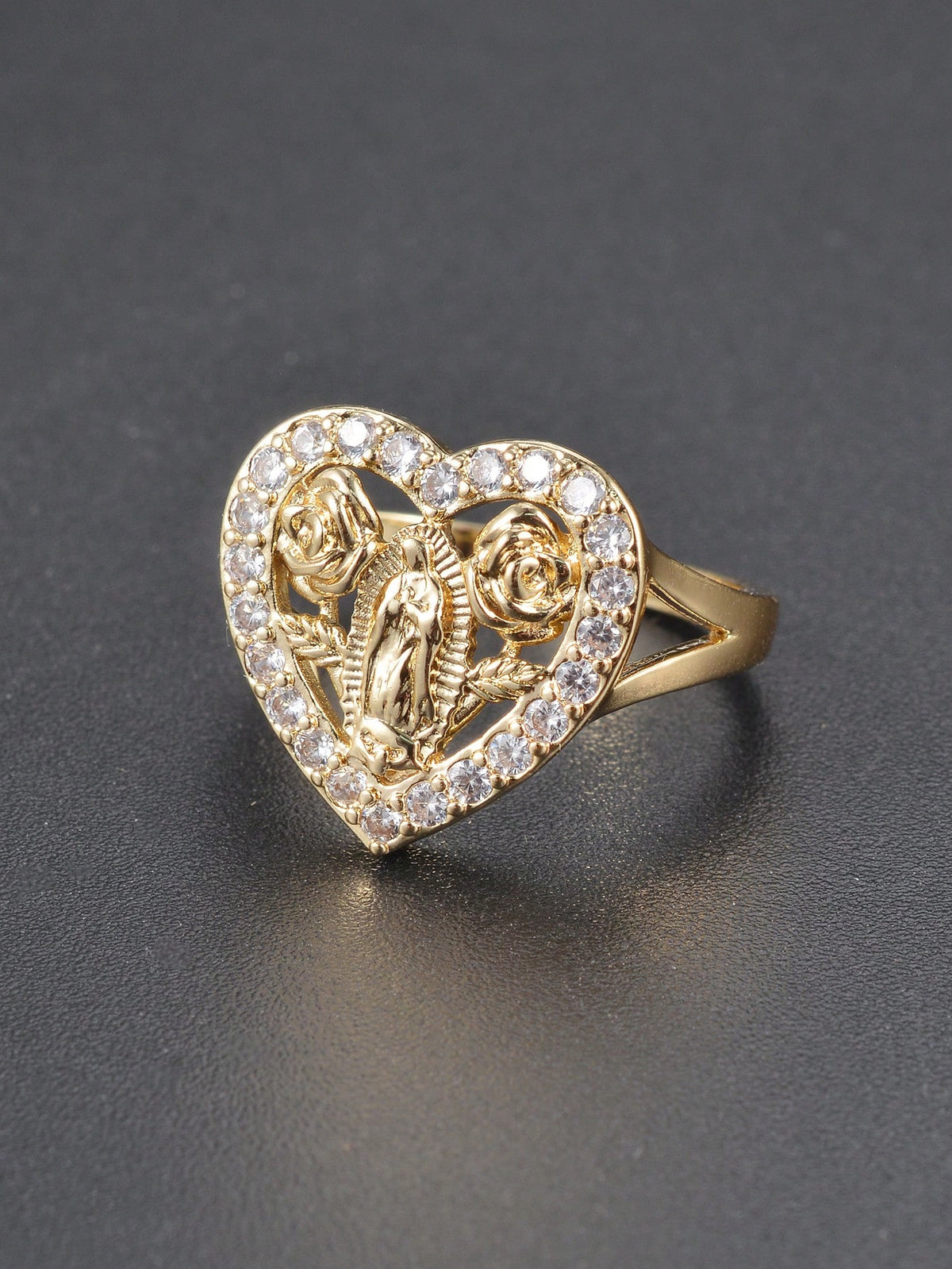 1pc Gold-Plated Copper Jewelry Guadalupe Zirconia Heart-Shaped Rose Ring Girl Holiday Gift