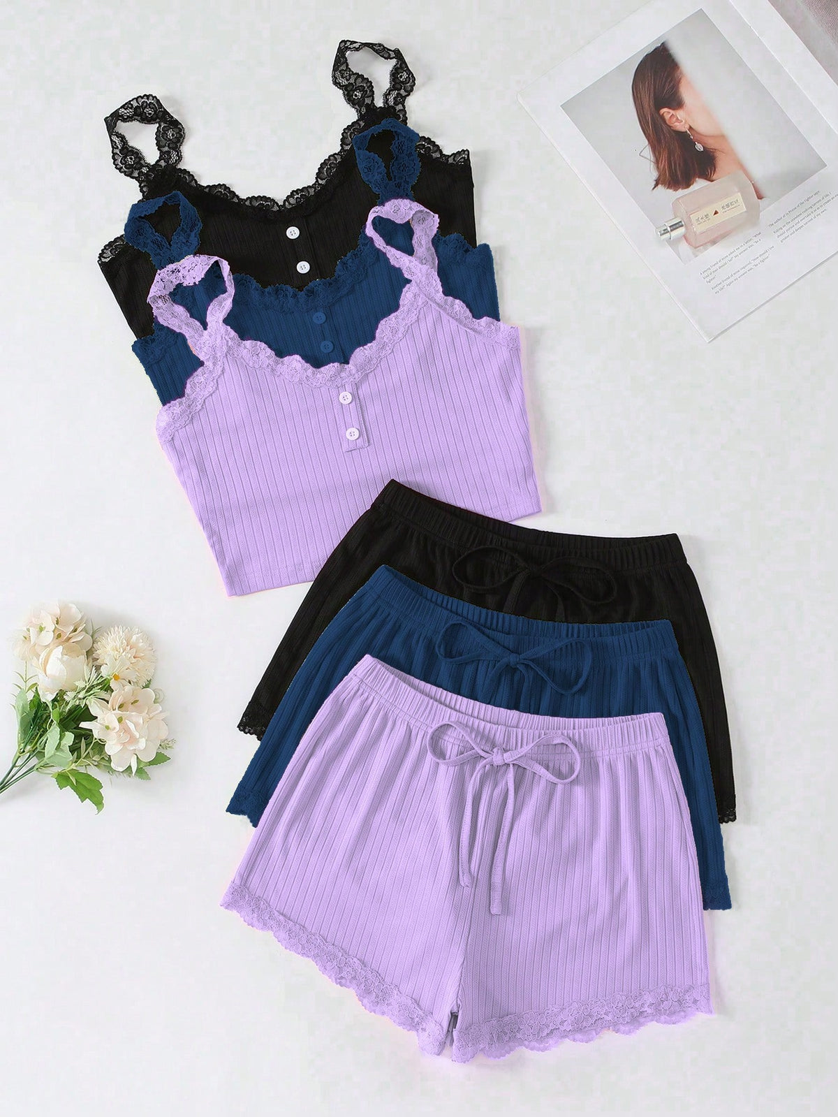 3pcs Women's Solid Color Lace Patchwork Camisole Shorts Pajama Set