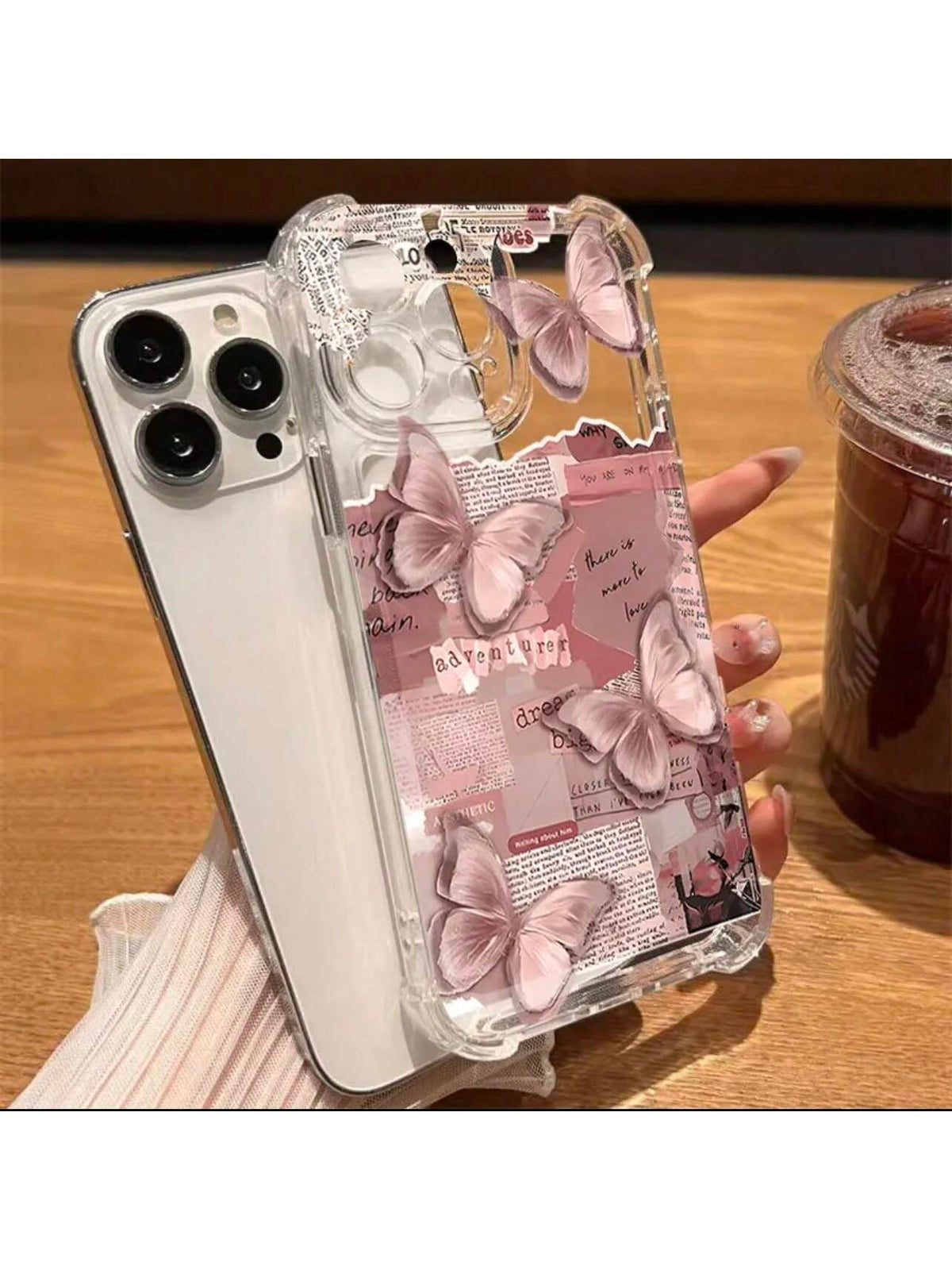 Luxury Shock Absorption And Anti Drop Transparent Phone Case Printed With Beautiful Pink Butterfly Pattern, Compatible With Apple, Suitable Compatible With Iphone 15/15pro/15promax 11 13