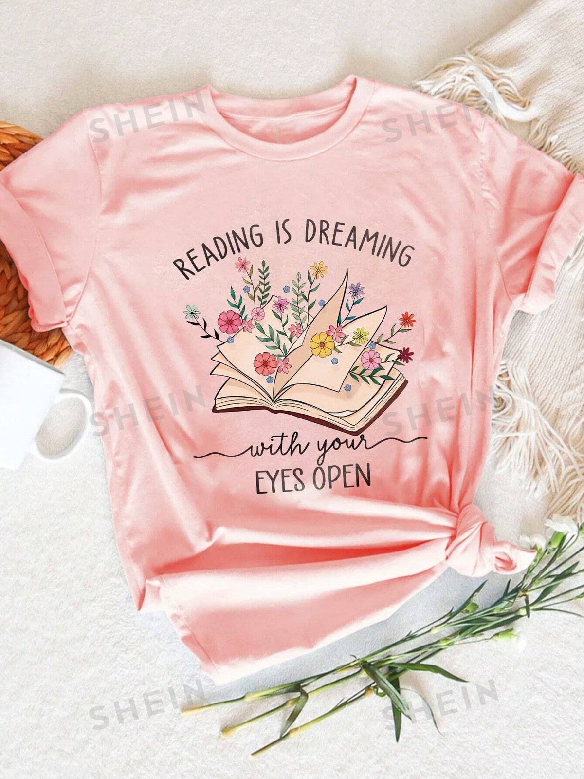 SHEIN Essnce Bookish And Interesting Reading T-Shirts Book Printed T-Shirts Women's Round Neck Short-Sleeved T-Shirts Summer Casual Tops