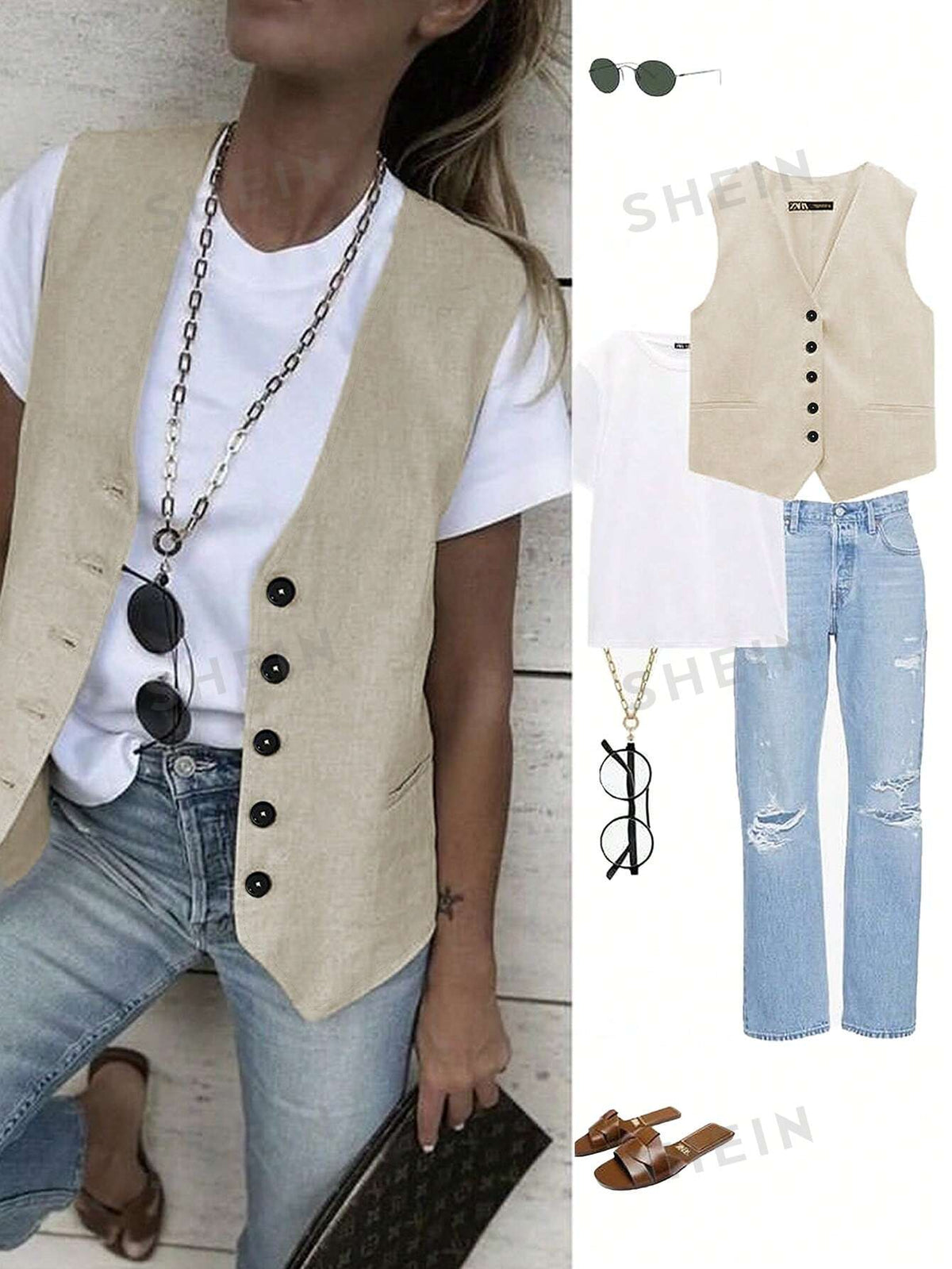 SHEIN LUNE Button Front Vest Jacket Without Tee